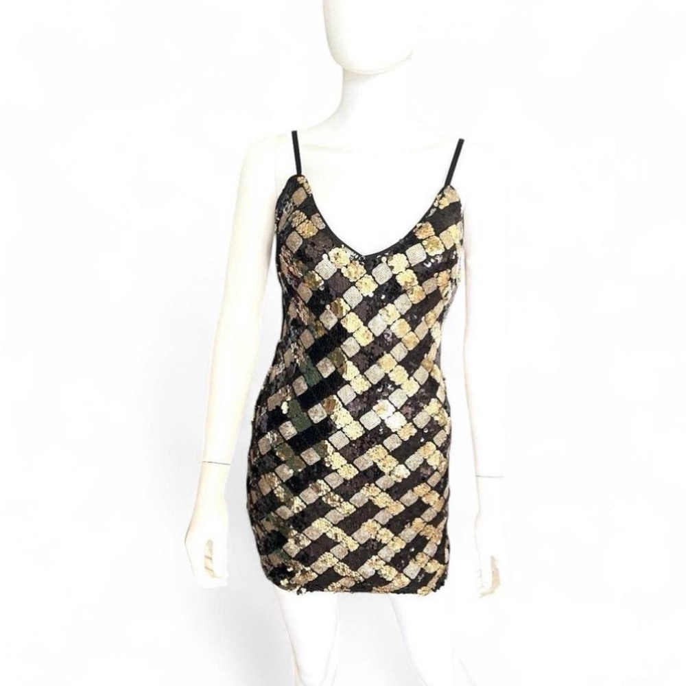 QUII black and gold sequin fitted mini dress S M L - Picture 4 of 7
